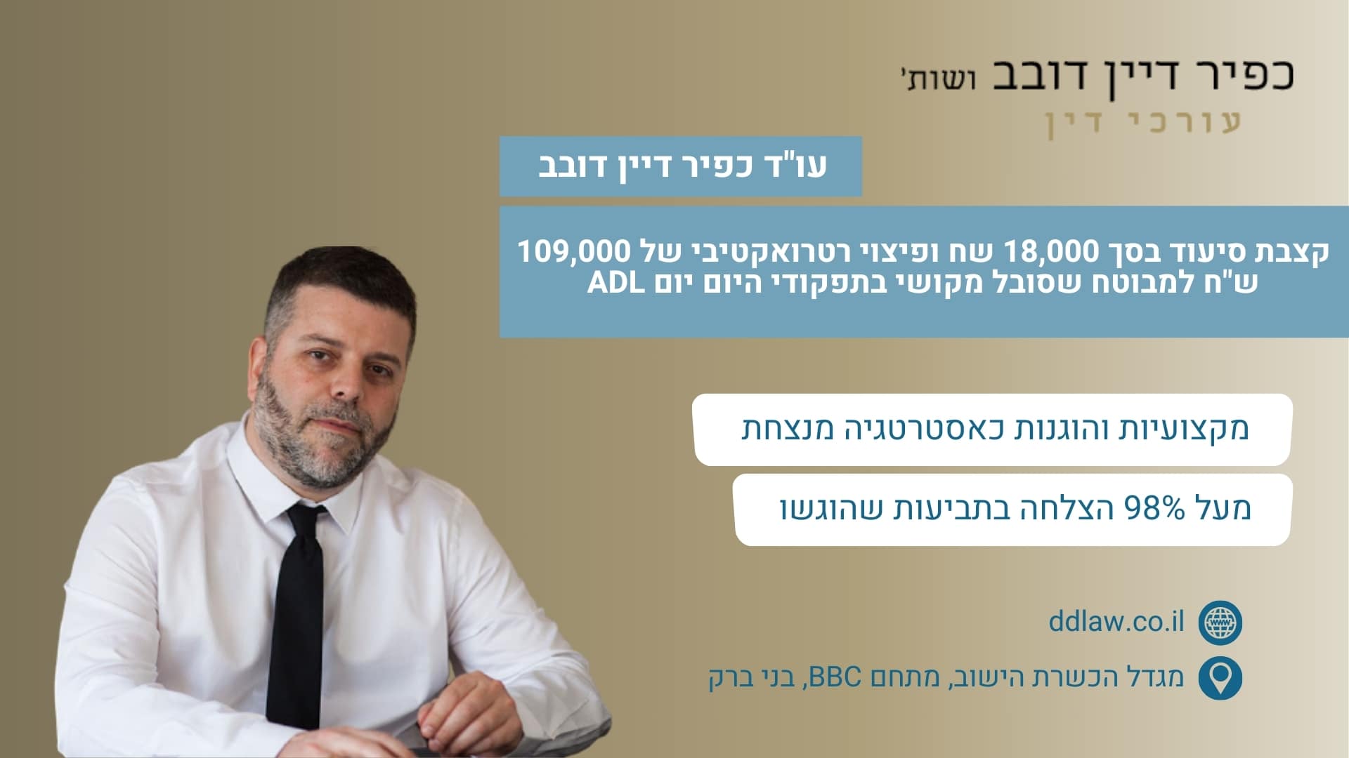 קצבת סיעוד בסך 18,000 שח ופיצוי רטרואקטיבי של 109,000 ש"ח למבוטח שסובל מקושי בתפקודי היום יום ADL